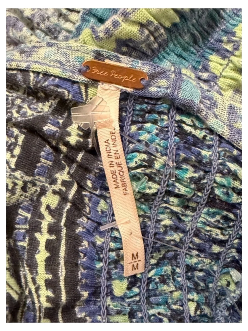 FREE PEOPLE Next Vacation M Top Deep V-Neck Wide Smocked Waist Pretty Blues NWT